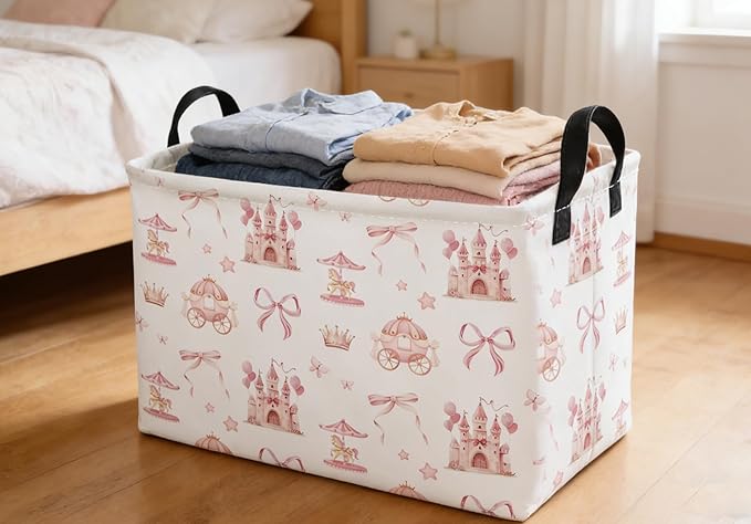 Essme Rectangular Pink Baskets,Girls Storage Box,Cute Basket for Kids with Handles for Room Decor, Book Bins,Shelf Basket.(Castle)
