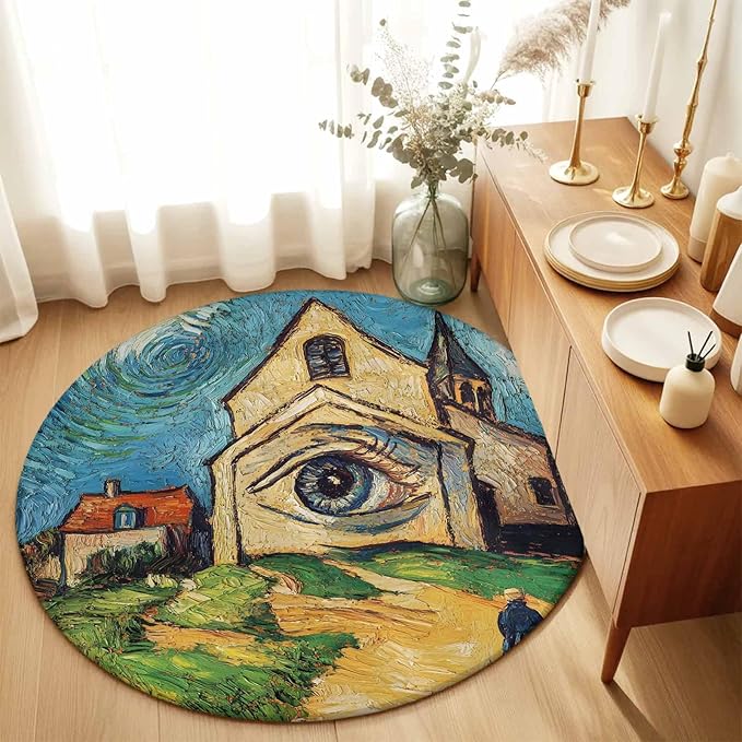 Washable Round Area Rug Abstract Farmhouse Starry Night Eye Circle Rugs Floor Carpet for Living Room Bedroom, Rustic Oil Painting Art Soft Non Slip Round Rug 3ft