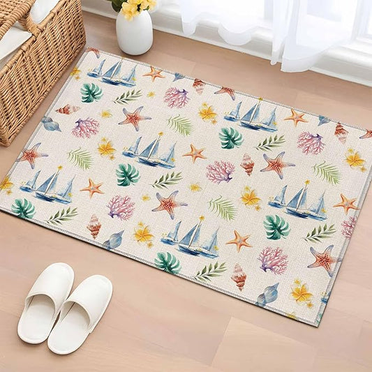 Area Rug 2x3ft, Summer Sea Starfish Sailboat Washable Rugs for Living Room Bedroom, Marine Life Coral on Linen Soft Non-Slip Area Rugs Rectangle Floor Carpet for Dining Room