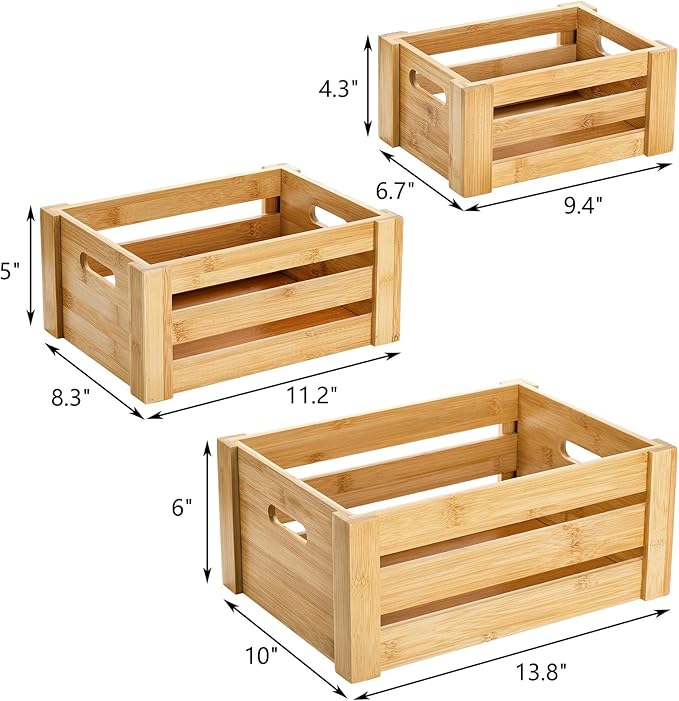 Lawei Set of 3 Bamboo Nesting Crates with Handles, Rustic Decorative Storage Container Box, Crate Box for Display, Farmhouse Bamboo Basket Bins for Fruit, Vegetable, Kitchen, Office, Bedroom, Closet
