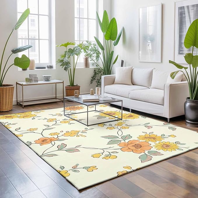 Area Rug 9x12ft, Orange Yellow Flowers Wild Vines Washable Rugs for Living Room Bedroom Rectangle Floor Carpet, Watercolor Floral Soft Non-Slip Area Rugs for Dining Room