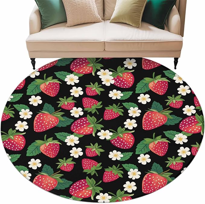 Washable Round Area Rug Red Strawberry Litter Flower Leaves on Black Circle Rugs Floor Carpet for Living Room Bedroom, Summer Fruit Soft Non Slip Round Rug 5ft