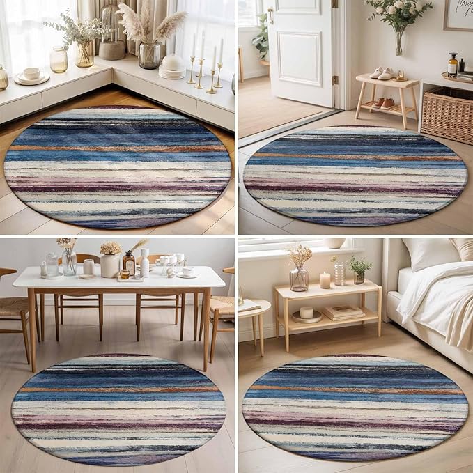 Washable Round Area Rug Modern Gradient Striped Art Circle Rugs Floor Carpet for Living Room Bedroom, Retro Abstract Rustic Texture Soft Non Slip Round Rug 3ft