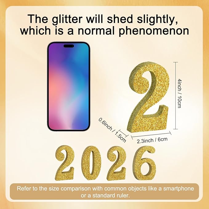 TONIFUL 4 Inch 2026 Gold Glitter Table Centerpiece Sign 2026 Number Word Sign,2026 Wooden Numbers Block for New Year Eve,Graduation,Chrismas,Anniversary Party Supplies