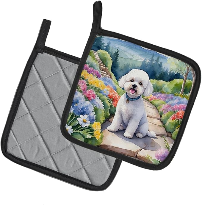 Caroline's Treasures Bichon Frise Spring Path Pair of Pot Holders Kitchen Heat Resistant Pot Holders Sets Oven Hot Pads for Cooking Baking BBQ, 7 1/2 x 7 1/2