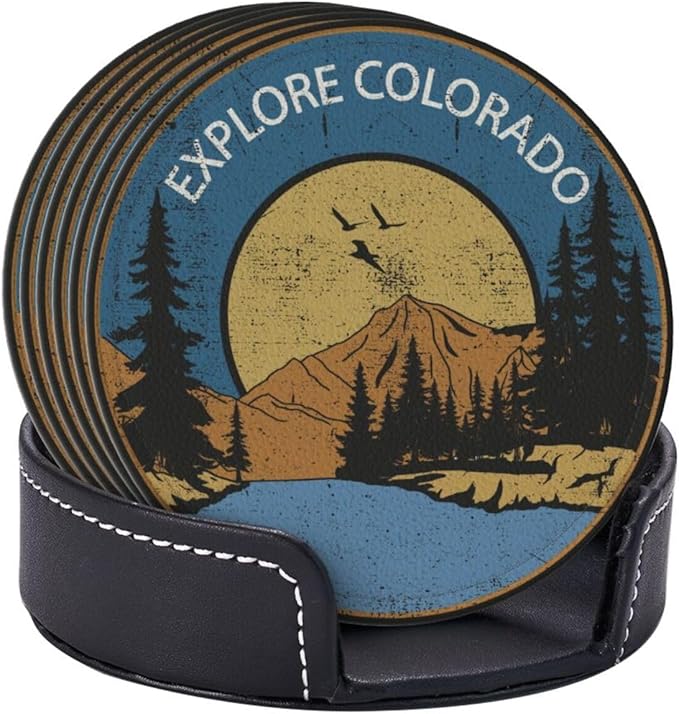 Colorado Lake Leather Drinks Coasters with Holder, Set of 6, Suitable for Various Cups