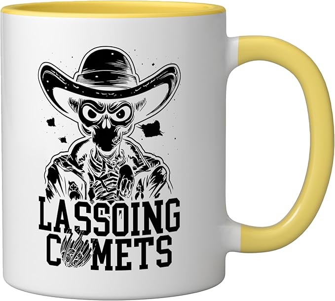 Alien Lover Flying Saucer UFO Extraterrestrial Cowboy Ceramic Mug, Yellow/White
