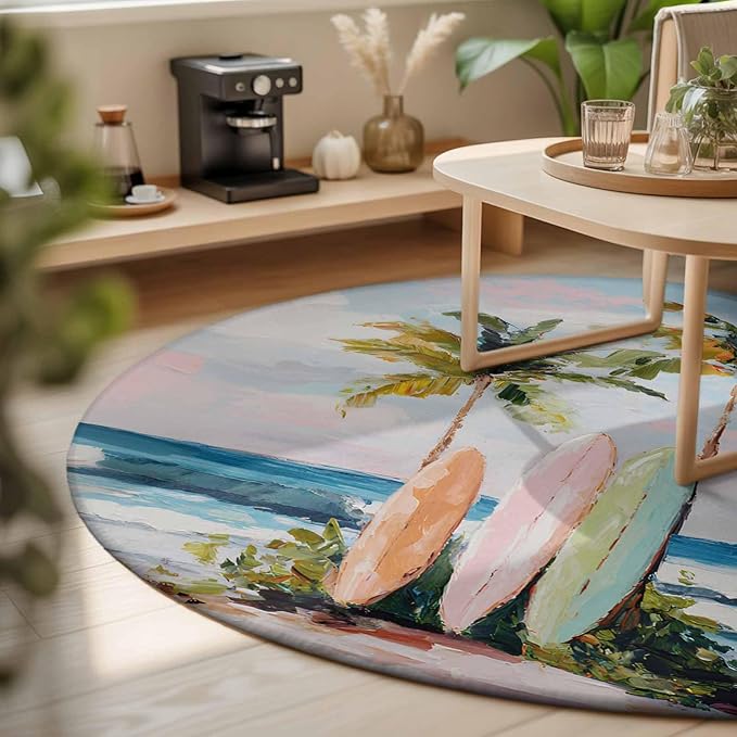 Washable Round Area Rug Summer Blue Ocean Surfboard Circle Rugs Floor Carpet for Living Room Bedroom, Tropical Plant Palm Tree Soft Non Slip Round Rug 3ft