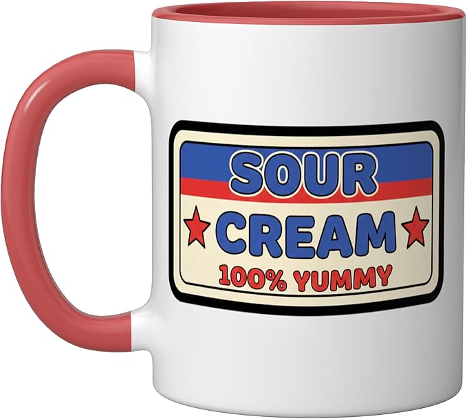 Sour Cream 100% Yummy Retro Food Label Vintage Snack Ceramic Mug, Red/White