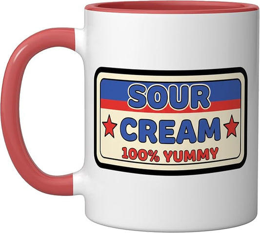 Sour Cream 100% Yummy Retro Food Label Vintage Snack Ceramic Mug, Red/White