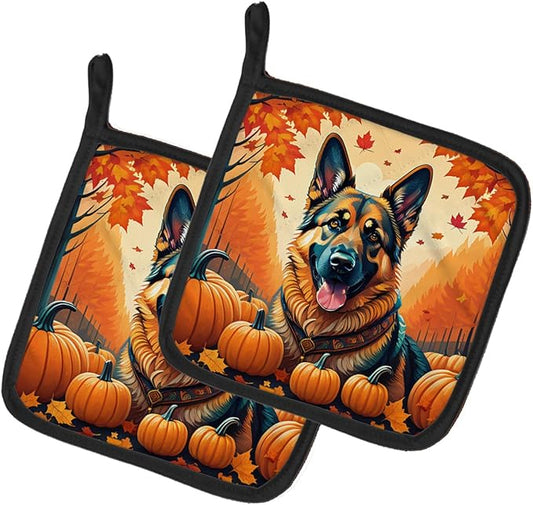 Caroline's Treasures DAC1048PTHD German Shepherd Fall Pair of Pot Holders Kitchen Heat Resistant Pot Holders Sets Oven Hot Pads for Cooking Baking BBQ, 7 1/2 x 7 1/2