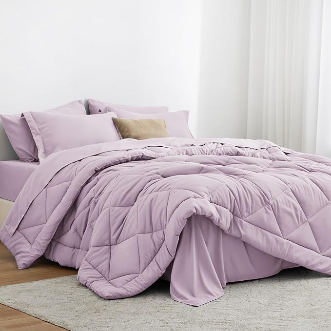 Love's cabin Twin Comforter Set Light Purple, 5 Pieces Twin Bed in a Bag, All Season Bedding Sets with 1 Comforter, 1 Flat Sheet, 1 Fitted Sheet, 1 Pillowcase and 1 Pillow Sham | Soft, Breathable, Lightweight, Comfortable
