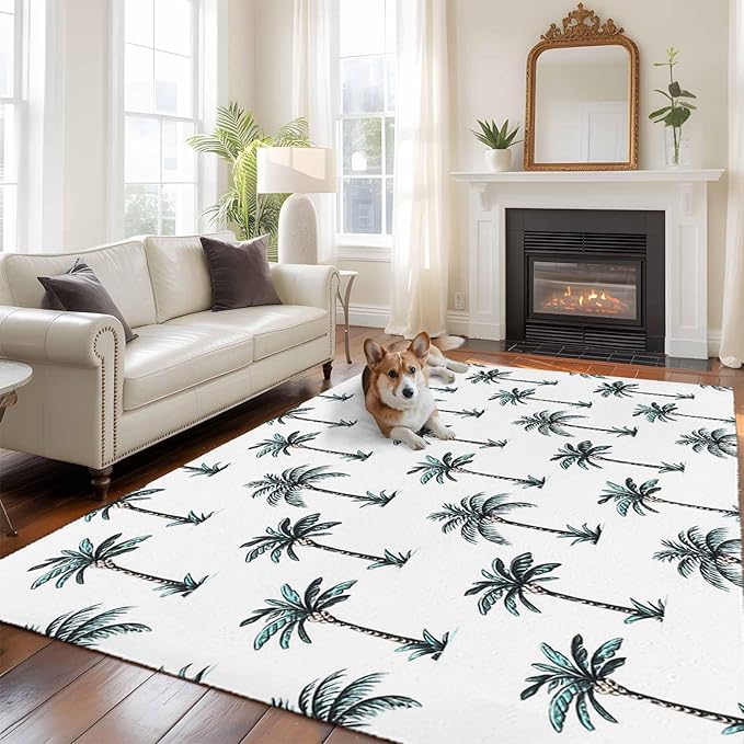 Area Rug 9x12ft, Tropical Palm Trees Washable Rugs for Living Room Bedroom Rectangle Floor Carpet, Green and White Soft Non-Slip Area Rugs for Dining Room