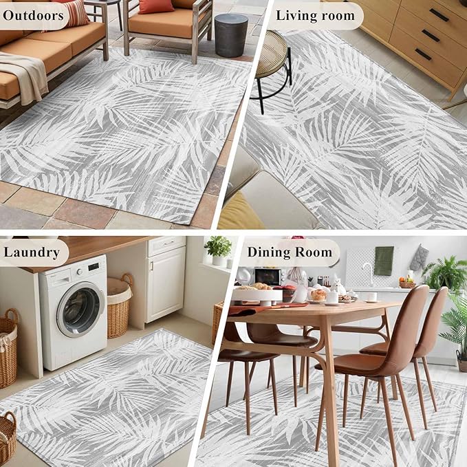 Area Rug 4x6ft, Modern Gray Palm Leaves Washable Rugs for Living Room Bedroom, Boho Tropical Leaves Soft Non-Slip Area Rugs Rectangle Floor Carpet for Dining Room