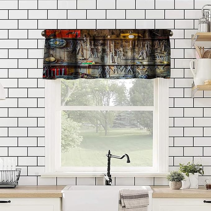 Man Cave Valance Curtain Vintage Style Tools Hanging on The Wall in a Tool Shed Workshop Fixing Equipment Rod Pocket Valance Window Treatments 1 Panel Short Curtains 54 x 18 in