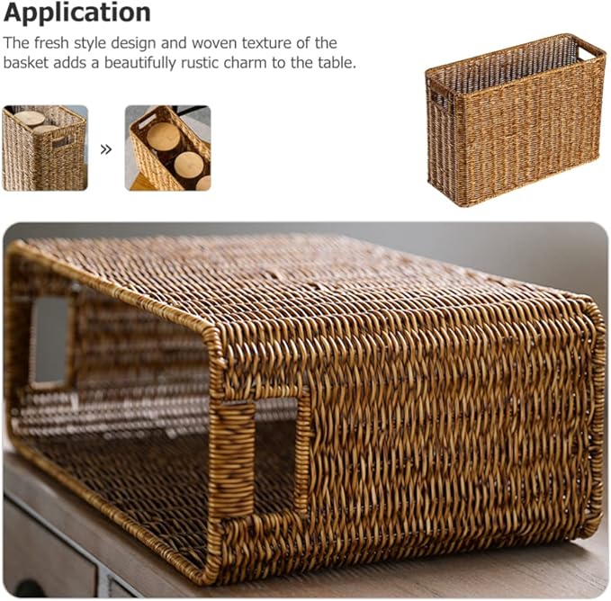 Happyyami Hand-Woven Magazine Basket Magazine Wicker Basket Rattan Magazine Holder Desk Storage Baskets with Handle for Bathroom Office