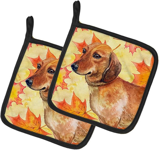 Caroline's Treasures BB9913PTHD Dachshund Fall Pair of Pot Holders, Yellow Kitchen Heat Resistant Pot Holders Sets Oven Hot Pads for Cooking Baking BBQ, 7 1/2 x 7 1/2
