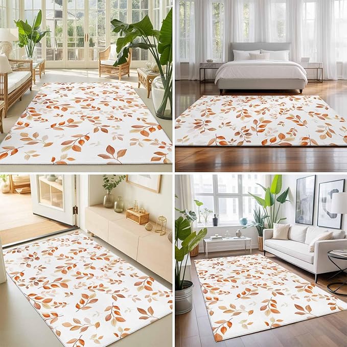 Area Rug 9x12ft, Autumn Orange Leaf Botanical Washable Rugs for Living Room Bedroom Rectangle Floor Carpet, Abstract Vine Pattern Soft Non-Slip Area Rugs for Dining Room
