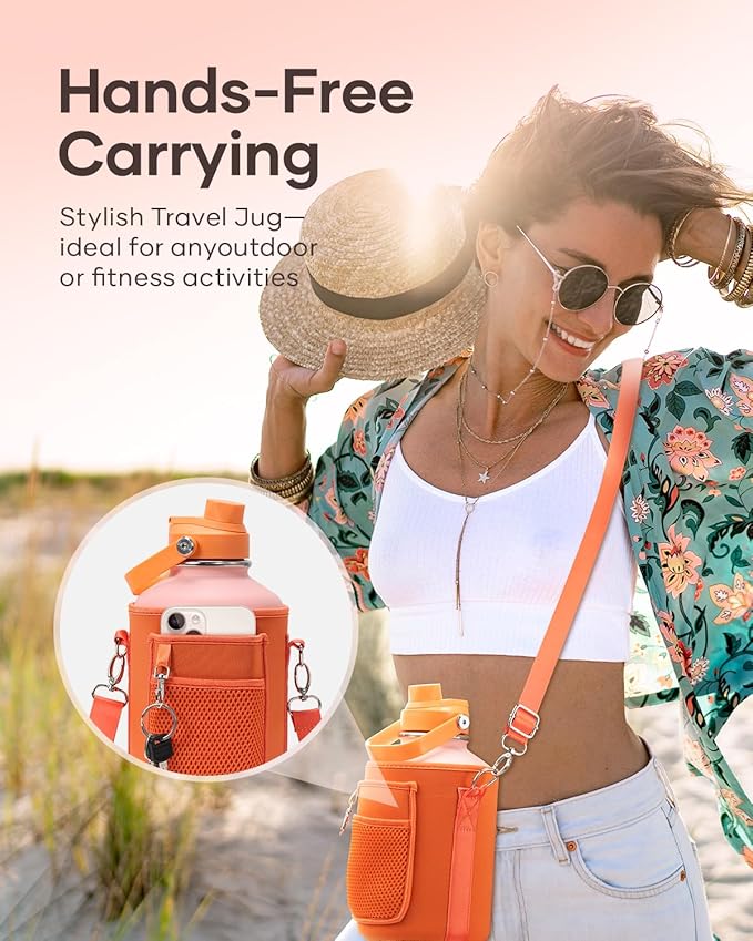 BUZIO 64oz Insulated Water Bottle, Stainless Steel Water Flask with Straw Lid and carrying pouch, Keep Cold 48h Leak Proof Double Wall Vacuum Travel Mug Metal Canteen for Gym Beach, Gradient Orange