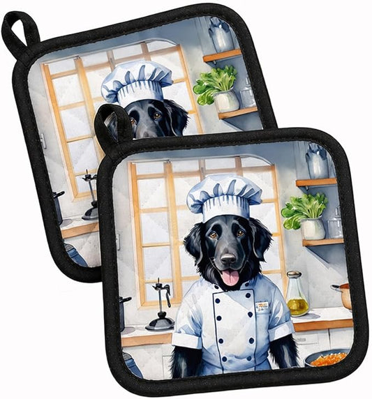 Caroline's Treasures Flat-Coated Retriever The Chef Pair of Pot Holders Kitchen Heat Resistant Pot Holders Sets Oven Hot Pads for Cooking Baking BBQ, 7 1/2 x 7 1/2