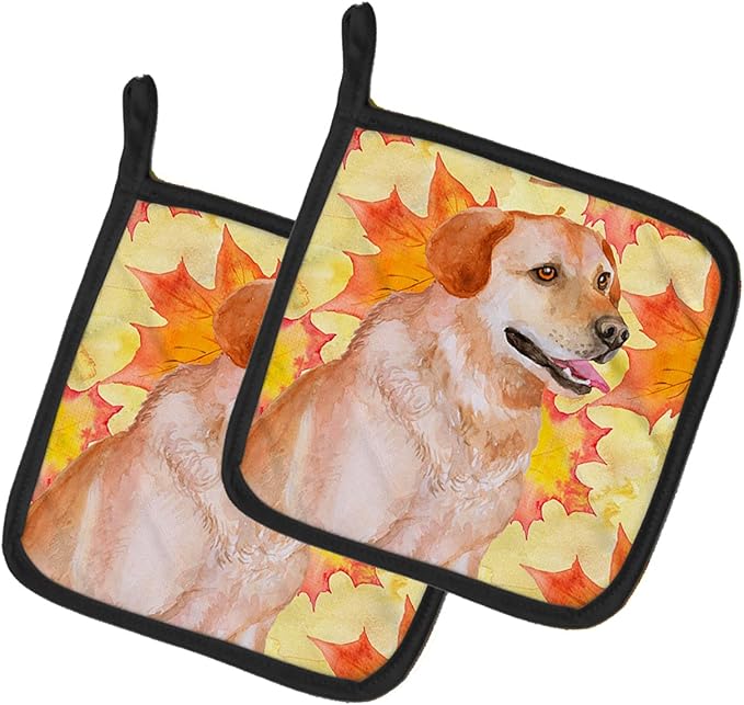 Caroline's Treasures BB9975PTHD Labrador Retriever Fall Pair of Pot Holders, Yellow Kitchen Heat Resistant Pot Holders Sets Oven Hot Pads for Cooking Baking BBQ, 7 1/2 x 7 1/2