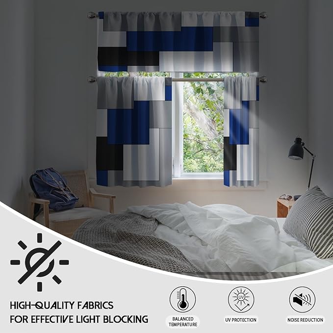 MCALK Navy Blue Blackout Kitchen Curtains Tiers and Valances Set 3 Piece for Windows Grey and Black Kitchen Window Curtains Set,White Modern Abstract Art Valances for Living Room(36" Tiers Set)