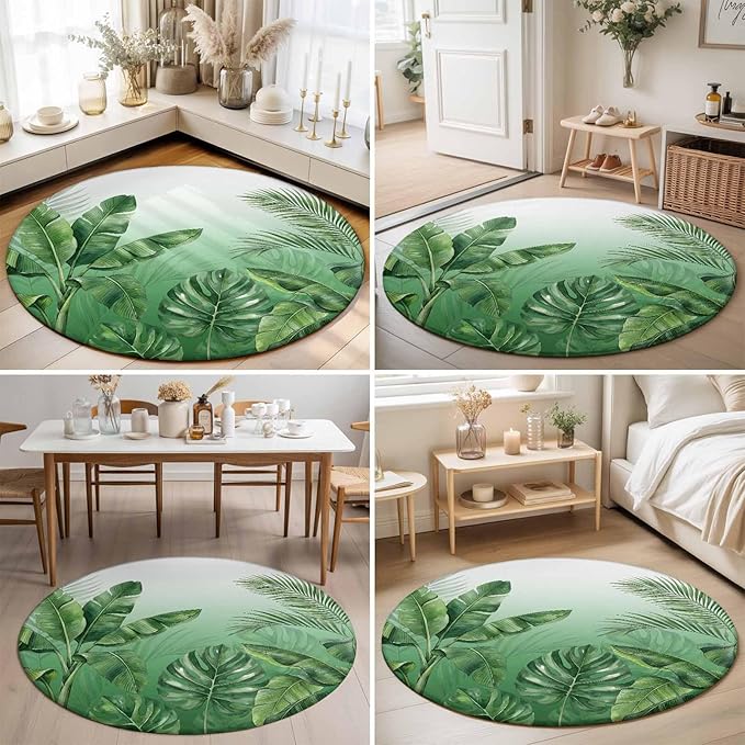 Washable Round Area Rug Botanical Rainforest Plants Circle Rugs Floor Carpet for Living Room Bedroom, Watercolor Tropical Banana Leaves Soft Non Slip Round Rug 3ft