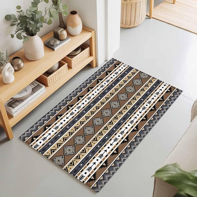 Area Rug 2x3ft, Boho Tribal Stripes Washable Rugs for Living Room Bedroom, Ethnic Borders Arrow Motifs Soft Non-Slip Area Rugs Rectangle Floor Carpet for Dining Room