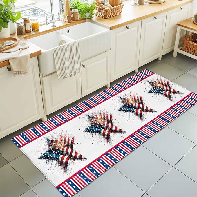 Runner Rug for Bedroom Hallway, 4th of July Stars Stripes Abstract Flag Kitchen Runner Rugs Area Rug 2x6ft, Patriotic Theme Washable Soft Floor Carpet for Entryway Stair