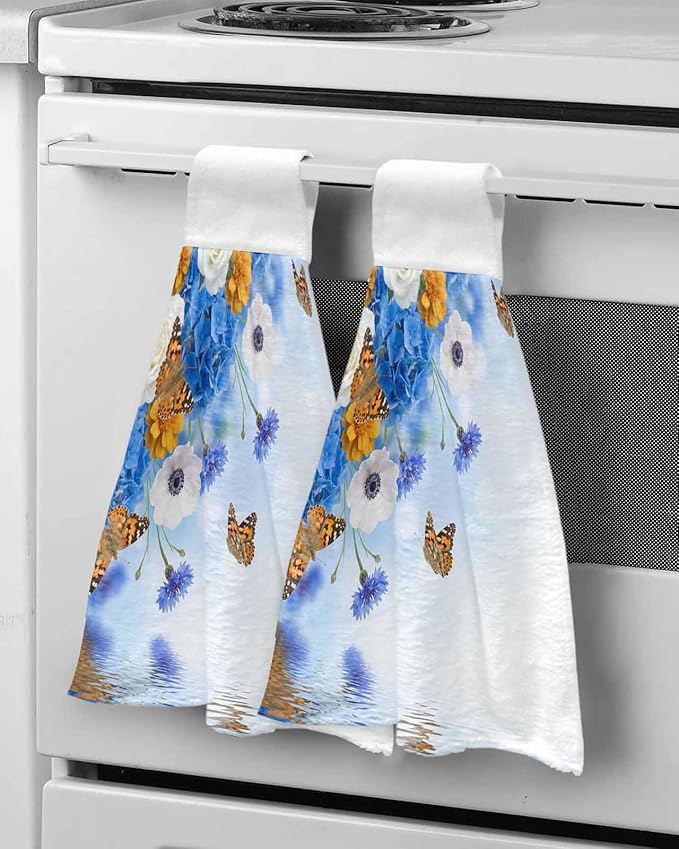 Alandar Home Kitchen Tie Towel Set of 1, Watercolor Embroidered Balls White Daisy Absorbent Soft Hand Towels for Bathroom Hanging Towels, Flower Butterflies Fast Drying Cleaning Cloth with Loop