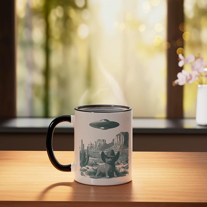Desert Cat in Hat UFO Encounter Vintage Engraving Ceramic Mug, Black/White