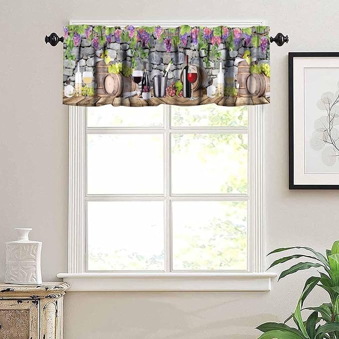 Wine Kitchen Valance, Vineyard Harvest Grapevine Wine Barrel Farmhouse Spring Summer Short Window Drapes for Dining Resturant Party Outdoor Garden Decor, 54x18Inch