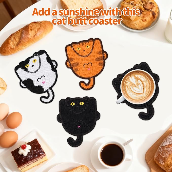 Drink Coaster, 3 PCS Cute Cat Coasters with Woven Knitted Crochet, Gifts for Cat Lovers, Coffee Tea Cup Home Decor Tabletop Protection Suitable for Cups, Black, White and Orange