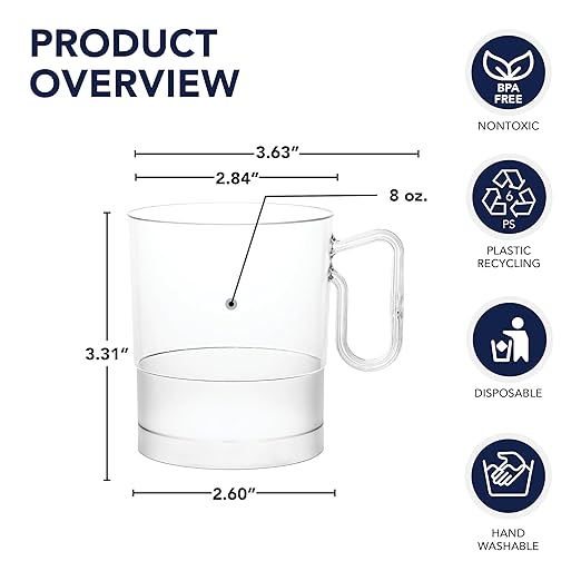 Party Essentials Bistro Hard Plastic Coffee Cup/Tea Mug w/Handle, 40 Count, 8-Ounce, Clear