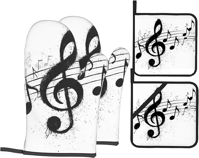 Black White Music Note Oven Mitts & Potholder Set of 4 - Heat Resistant Kitchen Gloves Hot Pads for Baking, Cooking, Gifts for Women