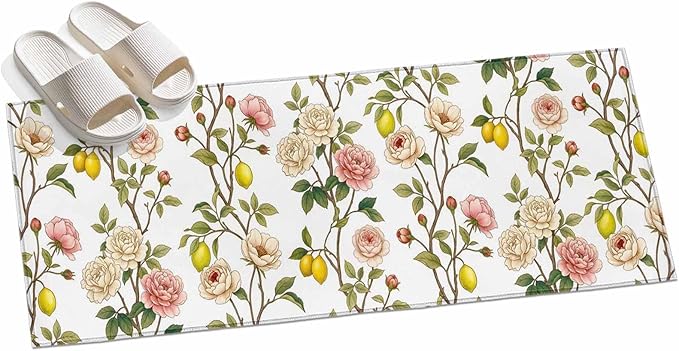 Runner Rug for Bedroom Hallway, Country Blossom Flower Plant Kitchen Runner Rugs Area Rug 2x6ft, Summer Lemon Leaf Seamless Washable Soft Floor Carpet for Entryway Stair