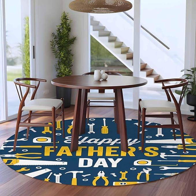 Father's Day Round Rug 8 ft Hand Tools Workshop Equipment Soft Area Rug for Living Room Washable Non-Slip Carpet Indoor Mat for Bedroom Dining Room Holiday Decor