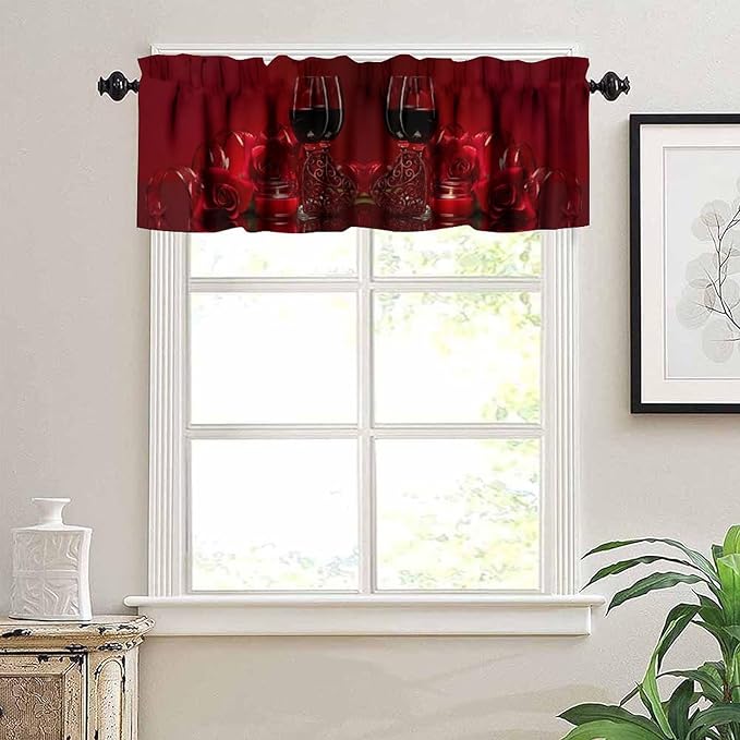 Red Wine Curtain Valance, Romantic Rose Floral Wine Glasses Candle Love Themed Short Window Treatment for Kitchen Dining Date Bedroom Living Room Valentine's Day, 54x18Inch