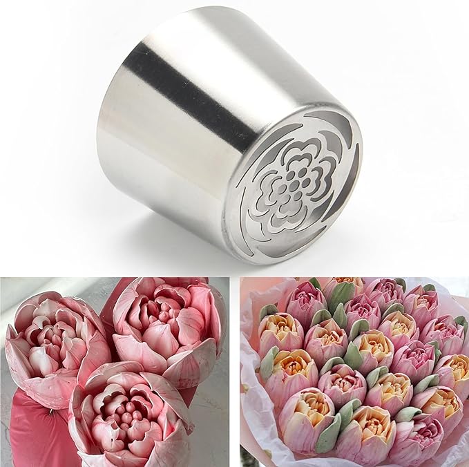 Extra Large Russian Piping Tip Set - 6 Stainless Steel Marshmallow Buttercream Framing Nozzles for 3D Roses Tulip Cake Decorations and Marshmallow Bouquets, Includes 1 Cleaning Brush(6J)