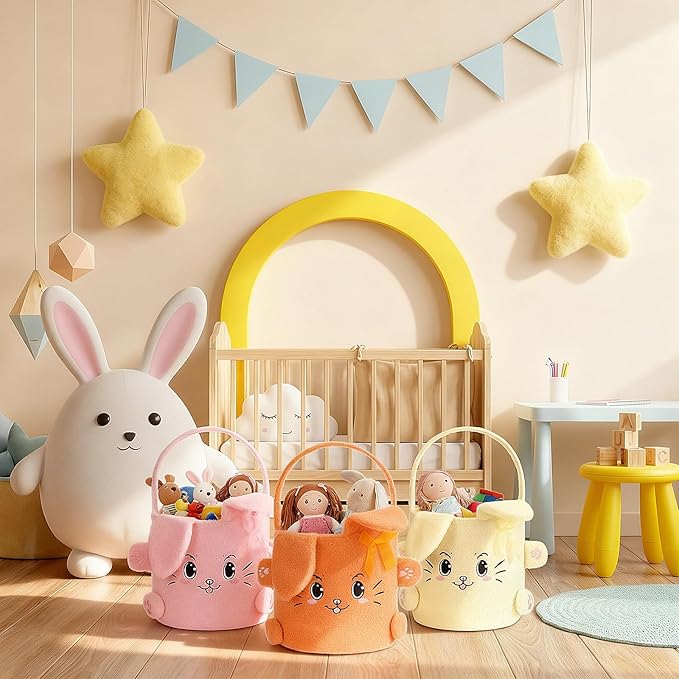 Mimorou 3 Pack Easter Basket Soft Plush Bunny Sherpa Personalized Bucket with Rabbit Ears Decorative Bow Large Bunny Tote Bags Ideal for Egg Hunt, Party Favors(Orange Pink and Yellow)