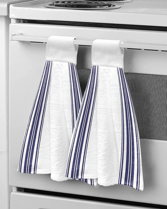 Alandar Home Kitchen Tie Towel Set of 2, Navy Blue Vertical Stripes Absorbent Soft Hand Towels for Bathroom Hanging Towels, Nautical Lines Art Fast Drying Cleaning Cloth with Loop