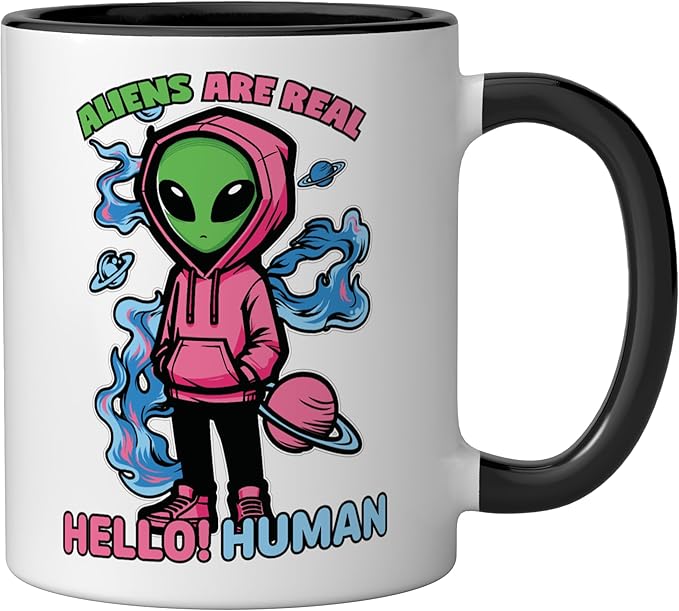 Aliens Are Real UFO Flying Saucer Grey Alien Sci-Fi Art Ceramic Mug, Black/White
