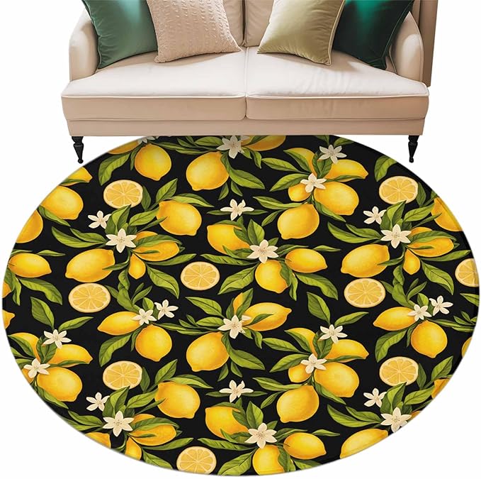 Washable Round Area Rug Summer Lemon Flower Circle Rugs Floor Carpet for Living Room Bedroom, Plant on Black Soft Non Slip Round Rug 5ft