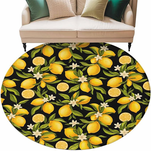 Washable Round Area Rug Summer Lemon Flower Circle Rugs Floor Carpet for Living Room Bedroom, Plant on Black Soft Non Slip Round Rug 5ft