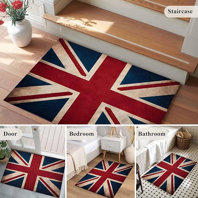 Area Rug 2x3ft, Vintage Union Jack Flag Washable Rugs for Living Room Bedroom, Reerto Flags of The United Kingdom Soft Non-Slip Area Rugs Rectangle Floor Carpet for Dining Room