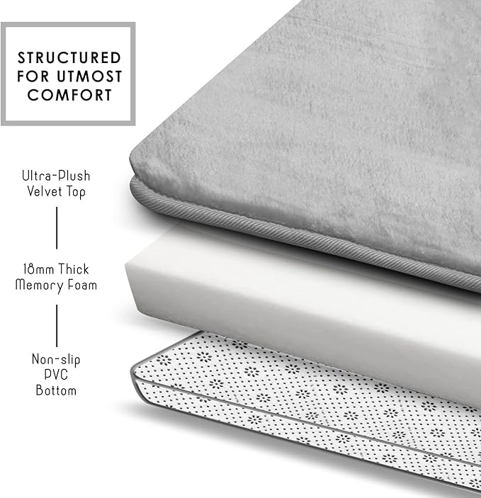 Clara Clark 2 Piece Bathroom Rugs Bath Mat Set, Velvet Memory Foam Bath Mats for Bathroom - Non-Slip, PVC Backing Bath Rugs, Washable - Dries Quickly, Silver