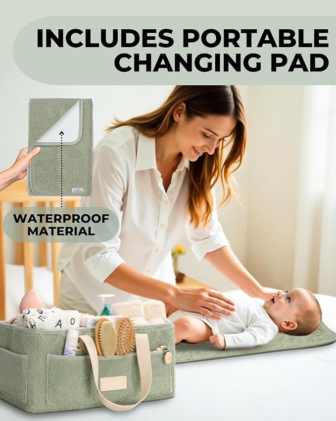 Baby Diaper Caddy Organizer with Portable Changing Mat - Teddy Fleece Diaper Organizer for Changing Table - Basket for Changing Essentials - Baby Essentials Organizer with Removable Dividers