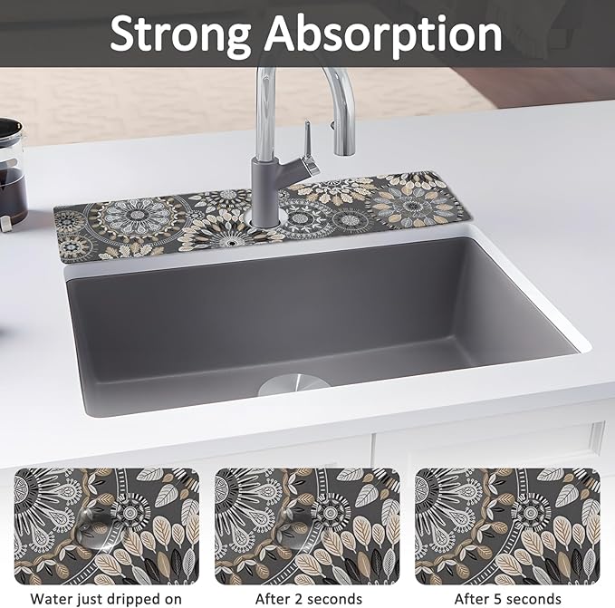 2PCS 24" X 5.5" Kitchen Sink Splash Guard Faucet Mat Mandala Super Absorbent Fast Drying Faucet Guard & Draining Mat Sink Splash Guard Behind Faucet for Kitchen, Bathroom