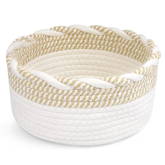 Small Cotton Rope Storage Basket, Boho Cotton Rope Storage Bins for Towel,Pet Kids Toy, Round Jute-Colored Woven Basket, Empty Gift Basket, 8 x 8 x 4