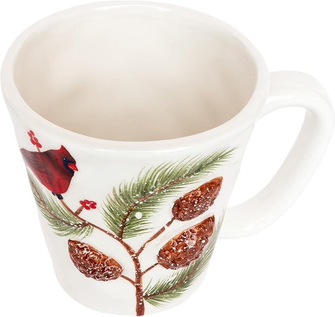 Boston International Ceramic Mug for Coffee Tea & Hot Drinks, 12-Ounces, Pinecones & Cardinals